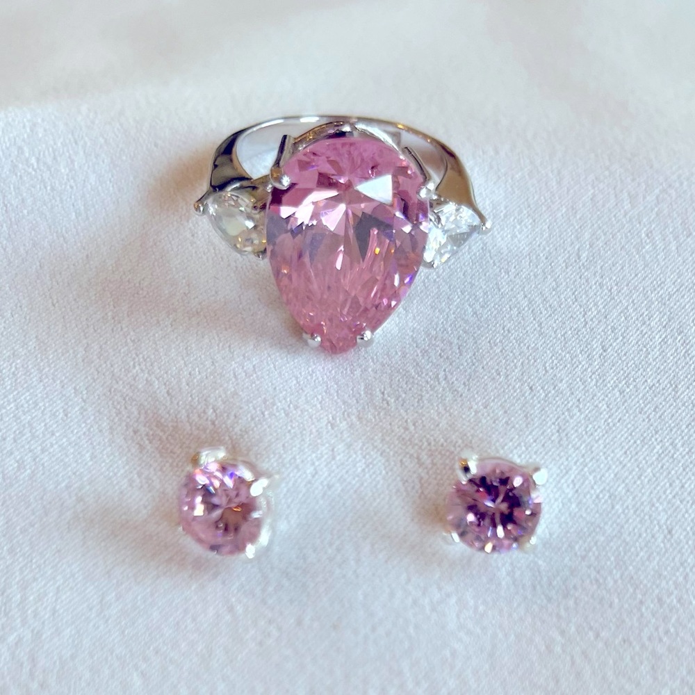 Vintage Silver Plated “Pink Ice” Cocktail Ring and Matching Earrings Set